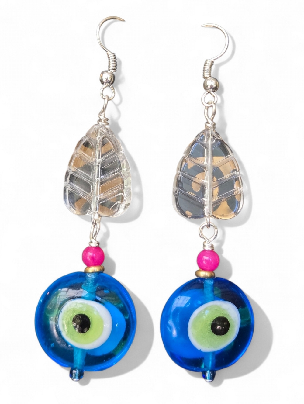 Evil Eye Blue Glass Drop Earrings with Pink Accent Clear Leaf Colorful Handmade